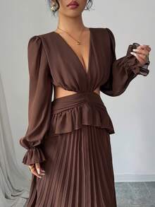 SHEIN Elenzya Váy tay bồng, cổ chữ V, lưng khoét sâu, viền bèo nhún, dáng chữ A, thanh lịch và lãng mạn, vải voan, váy thường ngày cho nữ - Cà phê - Xem 4