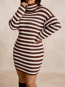 EMERY ROSE Plus Size Color Block Turtleneck Sweater Dress, Thick Knit Casual Dress For Winter - Multicolor - View 3