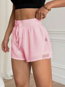 Easithlete Pantaloni scurți sport lejeri, culoare solidă, cu talie și șnur, plisați, roz, pantaloni scurți roz deschis, pantaloni scurți comozi, pantaloni scurți de antrenament, pantaloni scurți cu plasă laterală, pantaloni scurți de antrenament