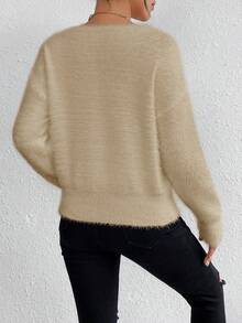 EMERY ROSE White V-Neck Casual Soft Knit Sweater, Long Sleeve Pullover Top, Autumn/Winter - Apricot - View 2