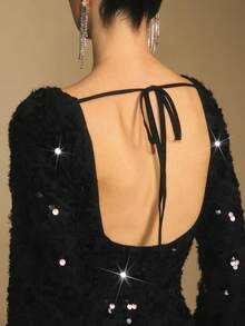 Poéselle Vestido elegante de moda de mini longitud con cuello de barco, manga larga y lentejuelas de unicolor para mujer