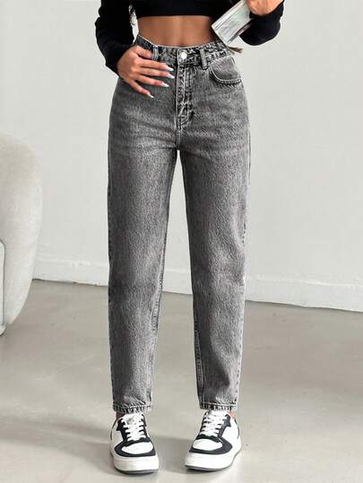 SHEIN PETITE 100% Cotton Petite Size Grey Denim Jean Mom Jeans For Women Grey Jeans High Waisted Jeans