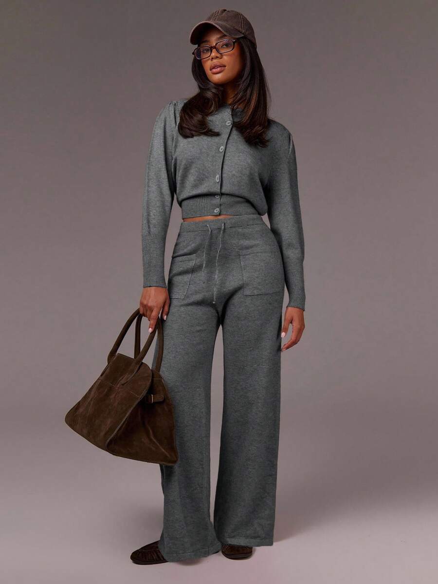Athîral Women's Solid Color Minimalist Long Sleeve Sweater And Pants 2 Pieces Set, Casual Everyday Wear,Fall,Fall Clothes For Women - Grey - View 1