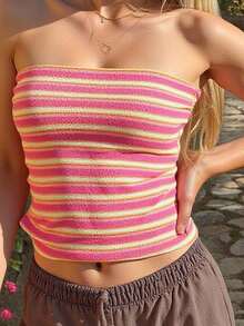 Summer Casual Simple Striped Tube Top - Hot Pink - View 4
