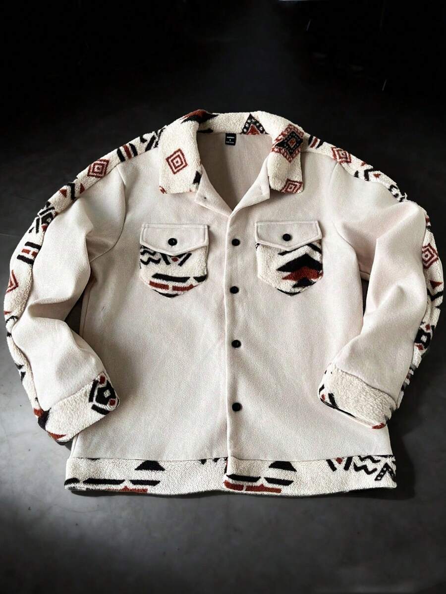 Manfinity Homme 全新秋冬休闲羊羔绒拼布时尚夹克衬衫 - 杏色 - 查看 1