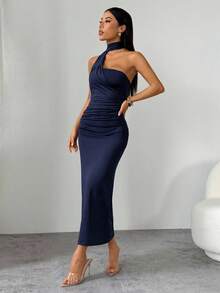 SHEIN PETITE Women's Navy Blue Summer Elegant Party Night Dress,Asymmetrical Flare Sleeve Loose Casual Dress For Vacation,Beach,Boho,Hawaii,Music Festival,Work - Navy Blue - View 4