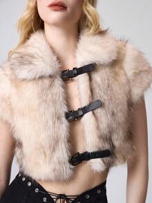 ROMWE Grunge Punk 性感深 V 领短款前开式人造毛皮女式背心 - 彩色 - 查看 7