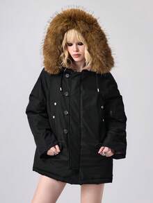 ROMWE 畅销仿毛领夹棉大衣，女士厚实保暖休闲派克大衣，宽松时尚外套，冬季新品 - 黑色 - 查看 7