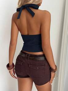 Aloruh 波西米亚风深V领系带麂皮上衣 - 藏蓝色 - 查看 2