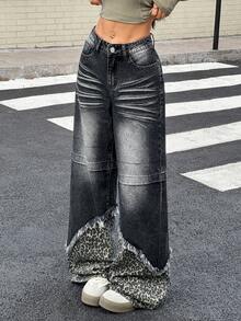 Rivivi Women's Y2K Maillard Style Washed Denim Patchwork Leopard Print Wide Leg Straight Jeans - Grey - View 6