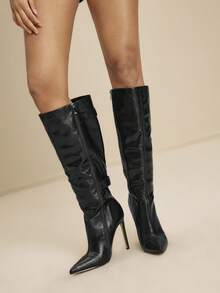 Daringsoles Botas altas de tacón alto de moda con diseño de hebilla y punta puntiaguda para mujer - Verde Oscuro - Ver 9