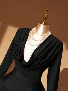 Rometta Plus Size Women's Solid Color Ruffled Neck Long Sleeve Pleated Waist High-End Party Elegant Dress - Black - View 5