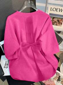 Camiseta de mujer de cuello redondo con lazo y diseño de espalda abierta en talla grande - Rosa Fucsia - Ver 3