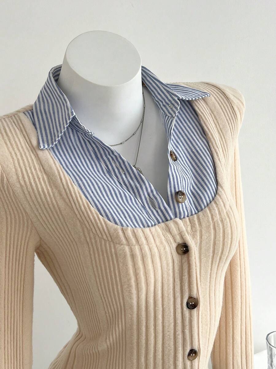 SHEIN Unity 女士休闲翻领罗纹拼接保暖衬衫，适合上学、通勤、日常穿着，秋冬季穿着。 - 彩色 - 查看 1