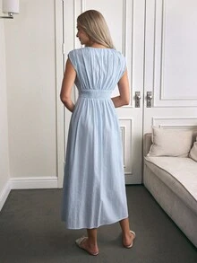 Aalyst Váy kẻ sọc chữ A hở eo thời trang thanh lịch, thoải mái, quyến rũ, cổ điển, không tay, đi làm thường ngày cho nữ - Màu xanh lam - Xem 2