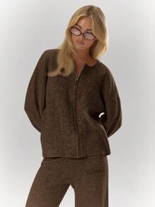 MUSERA Oversized Rib Knit Embroidered Zip Through Long Sleeve Cardigan Only Cosy Cute Casual Coffee Club Evening Party Elegant - Chocolate Brown - View 5