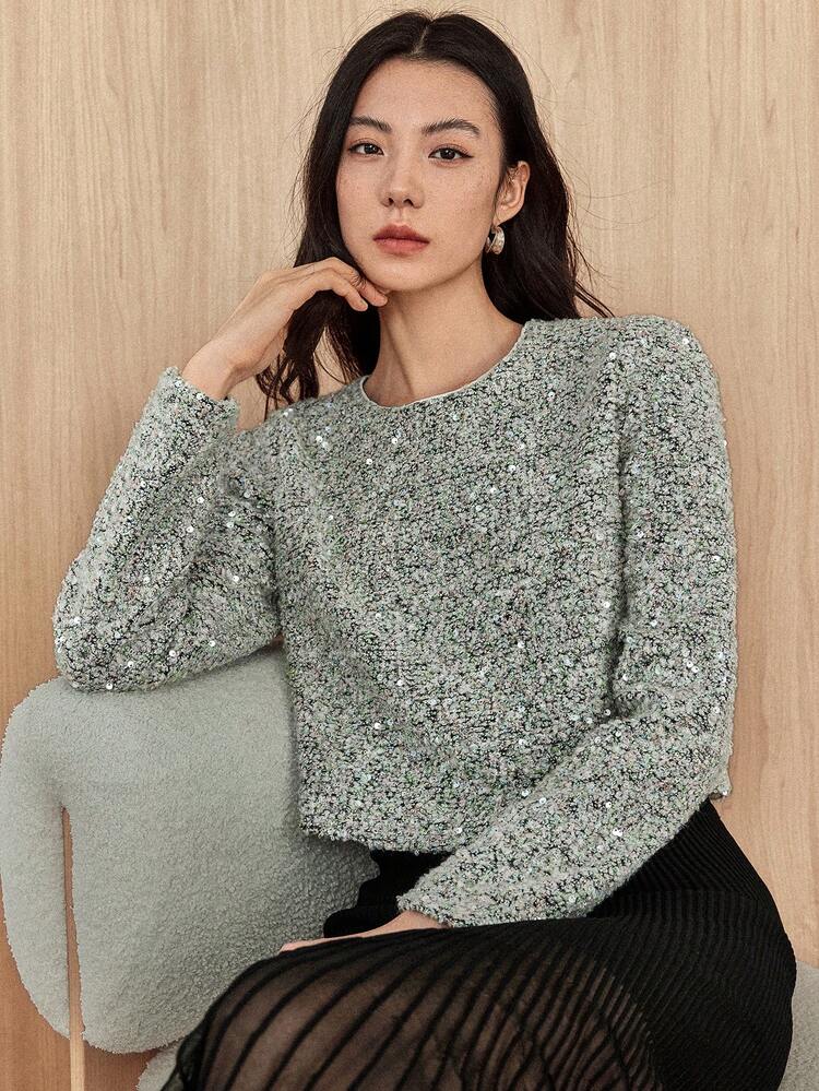 Elegant Sequin Accent Business Casual Versatile Crew Neck Knit Sweater For Women, Suitable For Autumn, Winter, New Year, Christmas Carnival