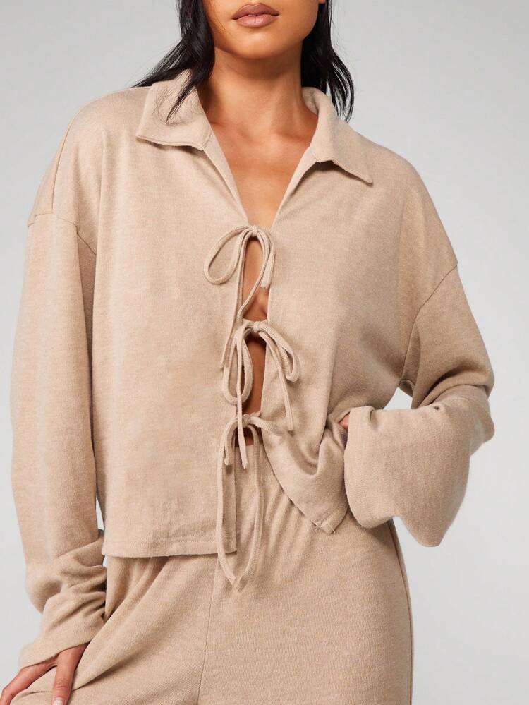 MISSGUIDED Collared Knit Cardigan With Tie Front Closure Long Sleeve Button Detail Lounge Top