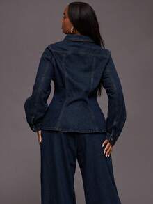 MUSERA Plus Contrast Stitch Cinched Waist Button Through Denim Jacket Autumn Winter Everyday Casual Cool Girl Streetwear Uncut - Blue - View 3