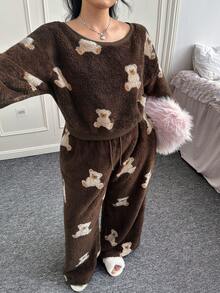 CovetEZ Christmas 2pcs/Set Autumn/Winter New Cartoon Bear Pattern Plush Oblique Shoulder Hoodie And Pants Casual Cute Plus Size Outfit Comfy Set - Brown - View 6