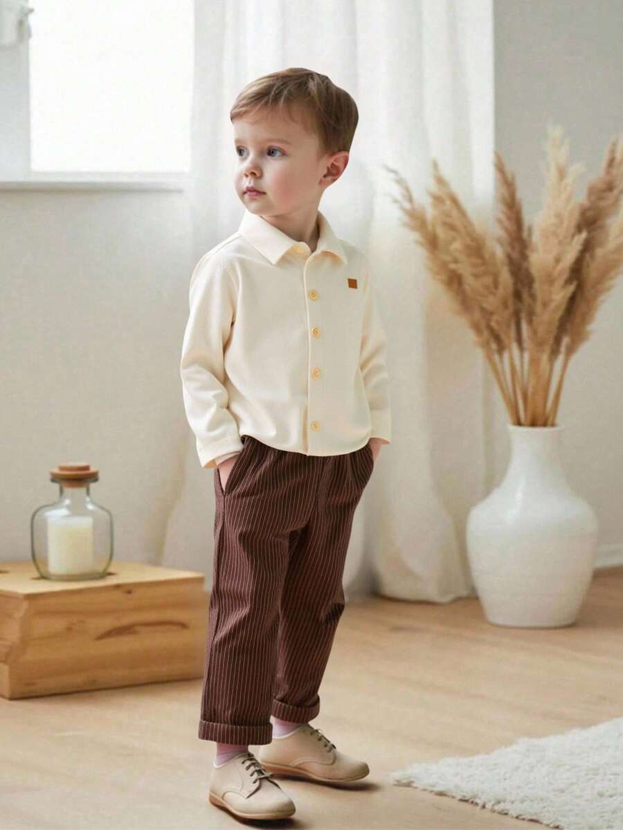 SHEIN Vintaside Kids 2 件套男童罗纹针织长袖衬衫和罗纹梭织休闲裤套装，春秋 - 咖啡棕 - 查看 1