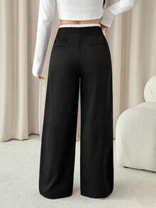 SHEIN PETITE Women's Color Block Casual Daily Wear Long Pants,Ladies Spring/Fall Casual Drawstring,Pocket Natural Wide Leg Long Black Loose Women Pants,Casual Daily Wear Comfy Pants Wide Leg Pants Drawstring Waist Wide Pants Loose Pants - Black - View 2