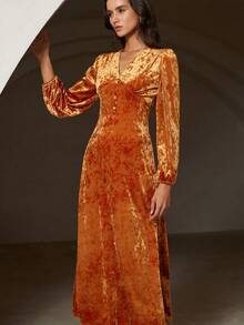 Revavyn Velvet Embossed Fabric Elegant Long V-Neck Button Decor Dress - Coral Orange - View 2