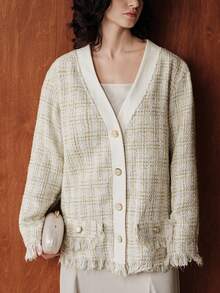 Uhlyne Chaqueta vintage de punto texturizado con cuello en V y flecos, de colores mixtos, para otoño/invierno