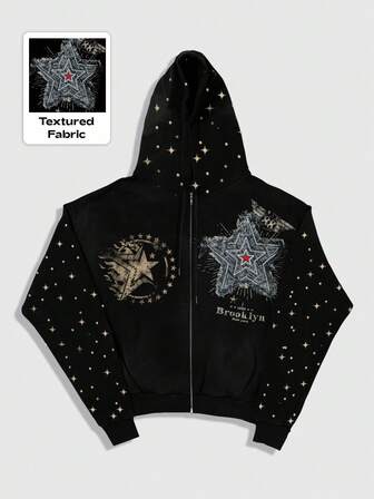 Street Life Men's Allover Print Hooded Zip-Up Long Sleeve Sweatshirt Sweatshirt, For Fall Winter