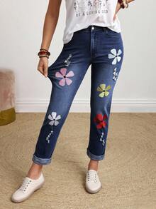 EMERY ROSE Jeans casuales de talla grande para mujer con bolsillos bordados con flores - Azul lavado oscuro - Ver 1