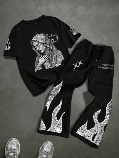 Manfinity EMRG Men's Round Neck Short Sleeve Casual Creative Portrait Graphic T-Shirt, Summer, Personalized Flame Pattern Short Sleeve T-Shirt Shorts Two-Piece | High Contrast Street Art Style Loose Top | Cool Hip-Hop Freedom Text Decorated Outfit