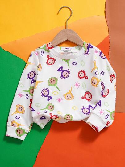 Teletubbies X SHEIN Baby Girl Casual Allover Print Pullover Sweatshirt, Suitable For Everyday Wear, Spring/Autumn Baby Long Sleeve Top Cute Tops Baby Shirts Y2k Toddler Clothes