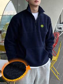 DAZY Jaqueta com Capuz com Zíper e Forro Térmico com Bordado de Letra, Azul Marinho, Homens Quarto de Zíper Outono/Inverno