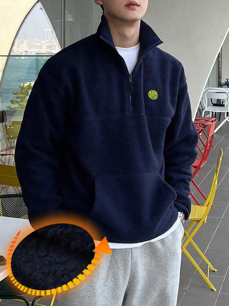 Men's Thermal Lined Half Zip Letter Embroidery Navy Blue Autumn/Winter Quarter Zip Sweatshirt