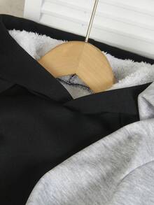 2pcs/Set Tween Boys Thermal Lined Hooded Sweatshirt, Gray & Black, English Print, Fashion Minimalist Classic Color Combo, Suitable For Autumn/Winter