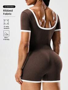 Seamluxe SHEIN Sport 女式无缝短袖运动连体裤，色块 - 棕色 - 查看 2