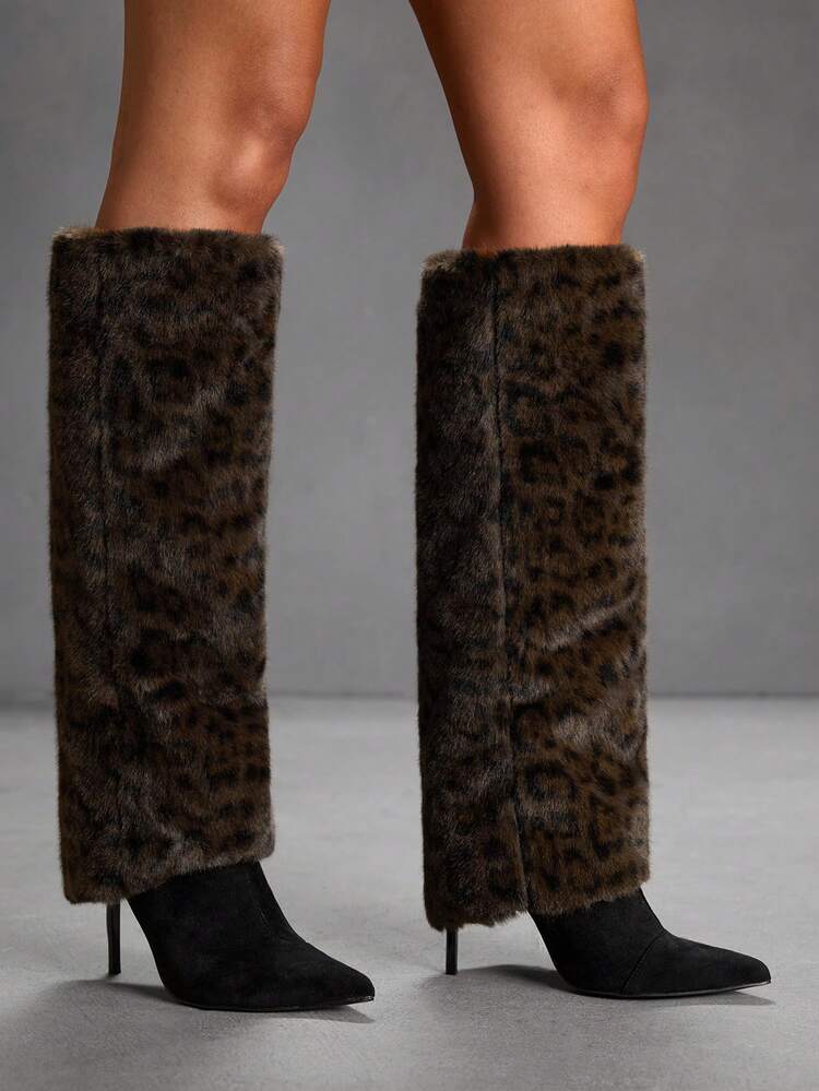 CUCCOO SZL Women's Fashion Black Faux Fur Decor Wide Leg Pointed Toe Stiletto Knee-High Boots
