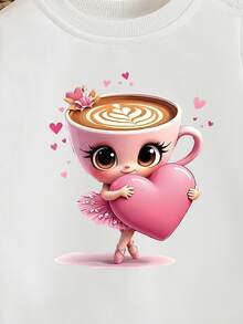 Cozy Fall & Winter Styles Toddler Girls Casual Fashion Creative Personalized Refreshing Cute Kawaii Cup Ballet Girl Heart Shaped Pattern Print Relaxed Fit Crew Neck Sweatshirt, Comfortable Outfit