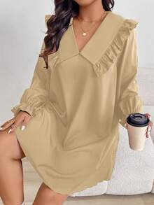 EMERY ROSE Vestido holgado de mujer talla grande con cuello Peter Pan, mangas con volantes y unicolor elegante, romántico y lindo, para primavera/otoño - Albaricoque - Ver 8