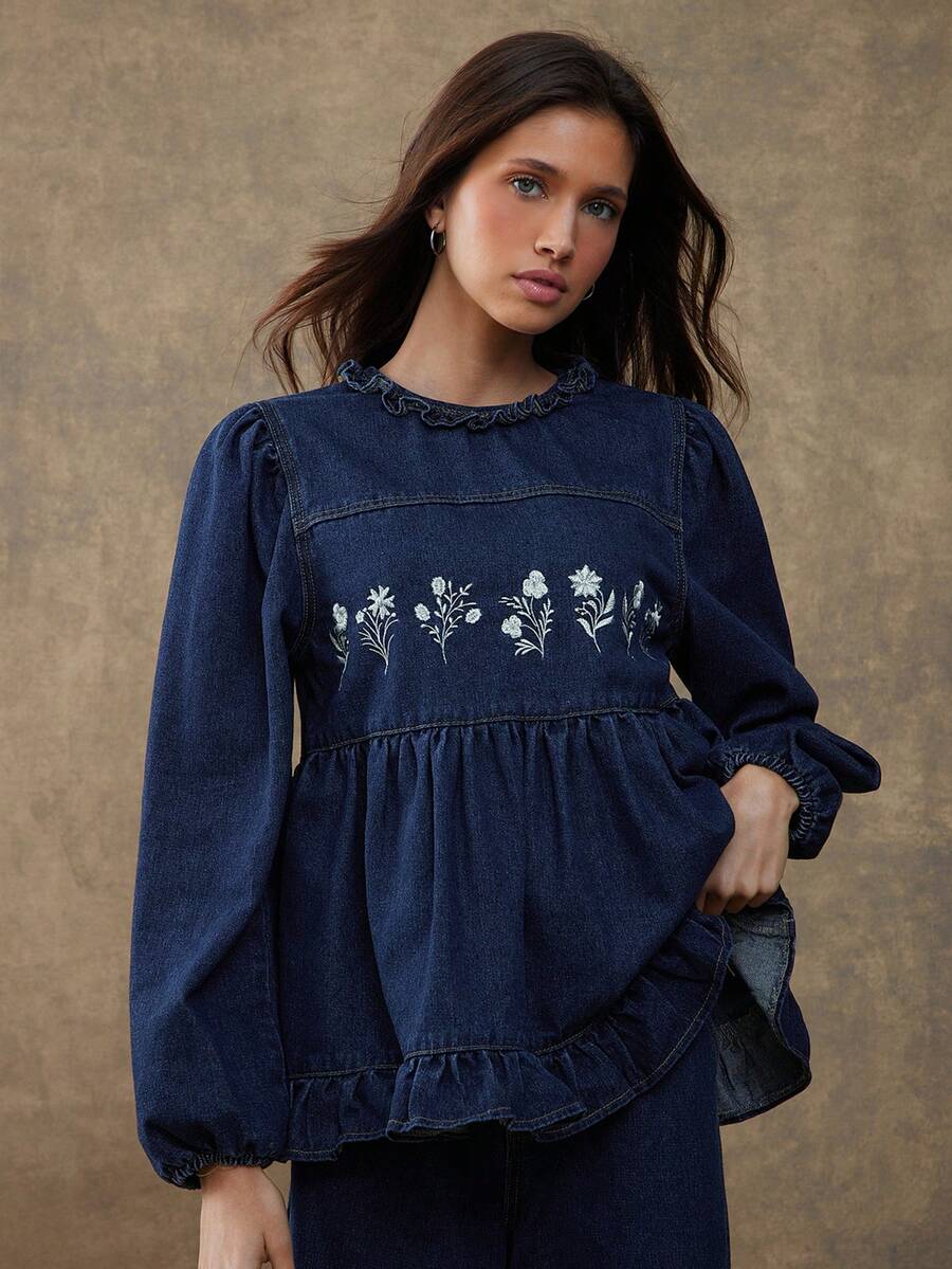 WESTFADE Round Neck Long Puff Sleeve Floral Embroidered Tiered Ruffle Fit & Flare Cotton Blend Denim Babydoll Top Fall, Autumn, Winter, Boho, Casual, Cute, Country Western Wear