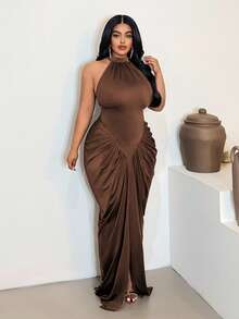 Maweii Vestido ajustado sin mangas con cintura fruncida de talla grande - Café integral - Ver 3