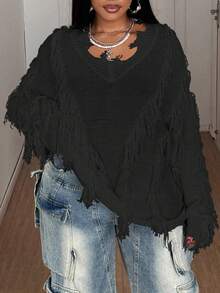 SHEIN CURVE+ 大码女式 Y2K 纯色 V 领落肩长袖宽松流苏设计毛衣，秋冬 - 黑色 - 查看 6