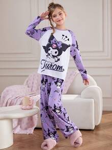 HELLO KITTY AND FRIENDS | SHEIN 2件組 青少年女孩可愛卡通圖案圓領插肩袖上衣與寬鬆長褲休閒睡衣套裝 紫色套裝 3件組 - 彩色 - 查看 6