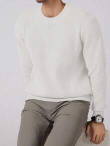 Manfinity Homme Jersey casual de cuello redondo y mangas raglán de unicolor para hombres, suéter de punto color crema para hombres - Beis - Ver 4