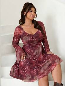 SHEIN EZwear Plus Size Women Elegant Floral Print Flare Sleeve Dress, Autumn - Multicolor - View 6