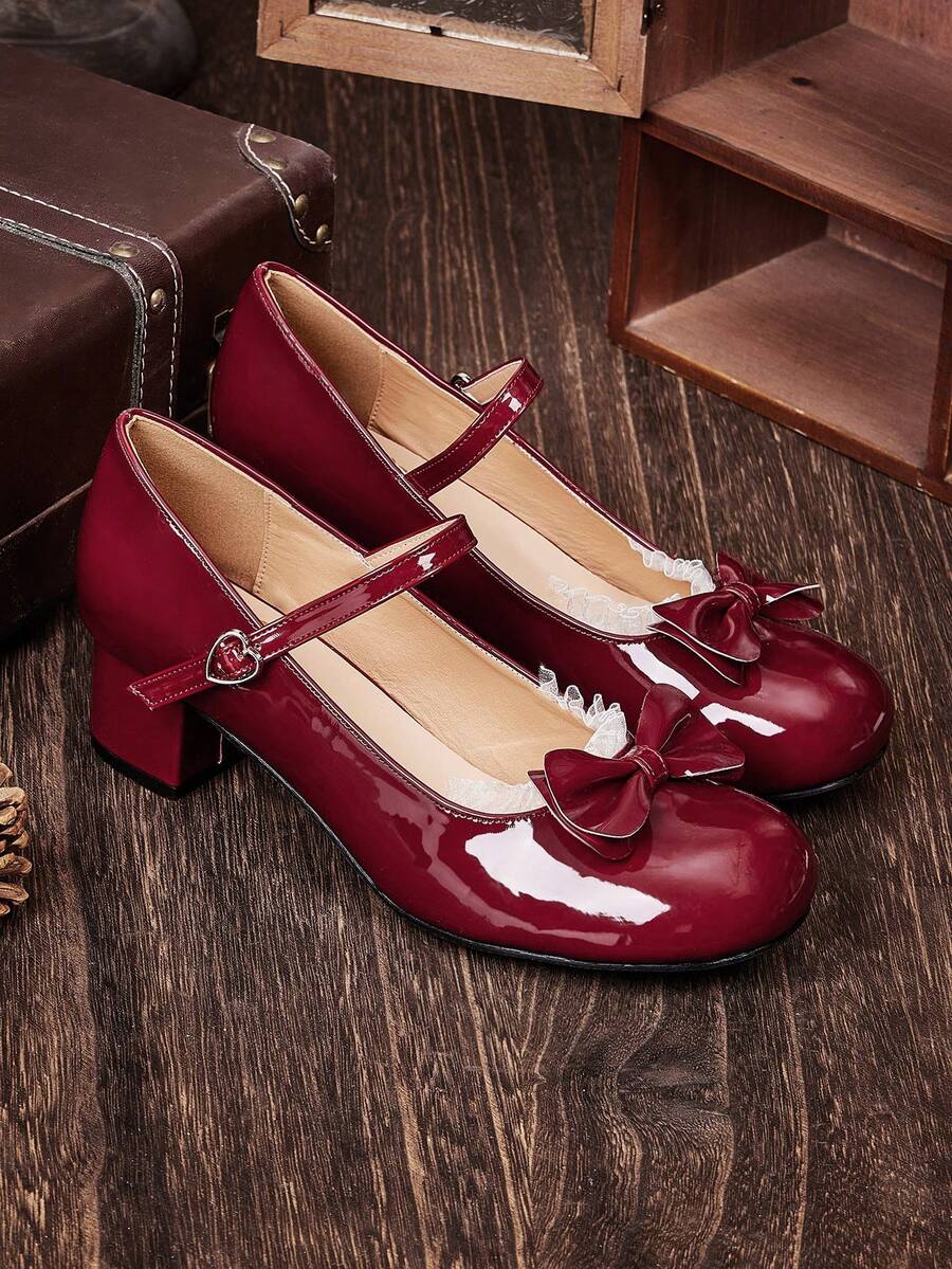 Dola Lovely 蝴蝶结优雅法式玛丽珍高跟鞋 - 酒紅色 - 查看 1
