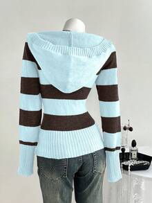 Elamini Sudadera con capucha de mujer de manga raglán versátil con bloques de color y rayas para otoño - Multicolor - Ver 2
