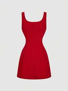 SHEIN MOD Váy ngắn màu đỏ thanh lịch đính đá Rhinestone - Đỏ - Xem 2