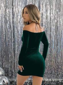 SHEIN EZwear 女士优雅天鹅绒露肩连衣裙 - 墨綠色 - 查看 2