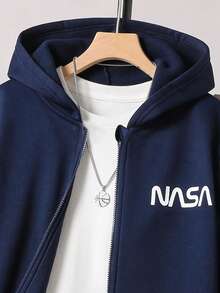 SHEIN 2件套青少年男孩休闲字母印花连帽衫和运动裤套装，秋冬 - 藍色 - 查看 6